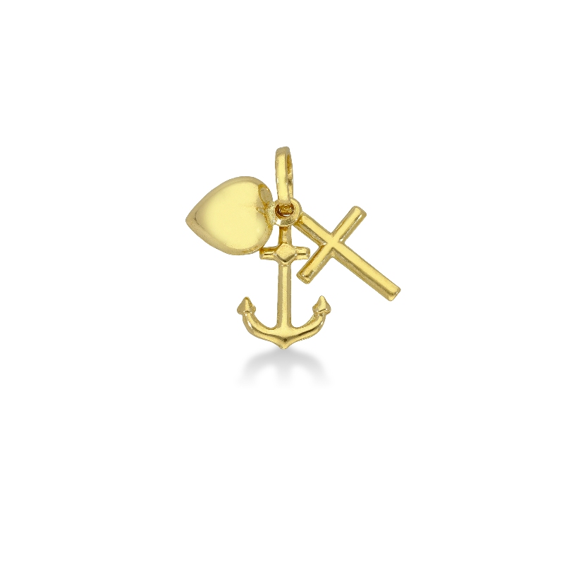 Yellow gold 18k pendant with heart, anchor and cross