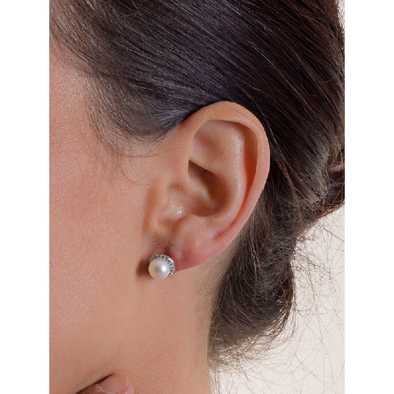 18k white gold stud earrings with zircon and pearls 