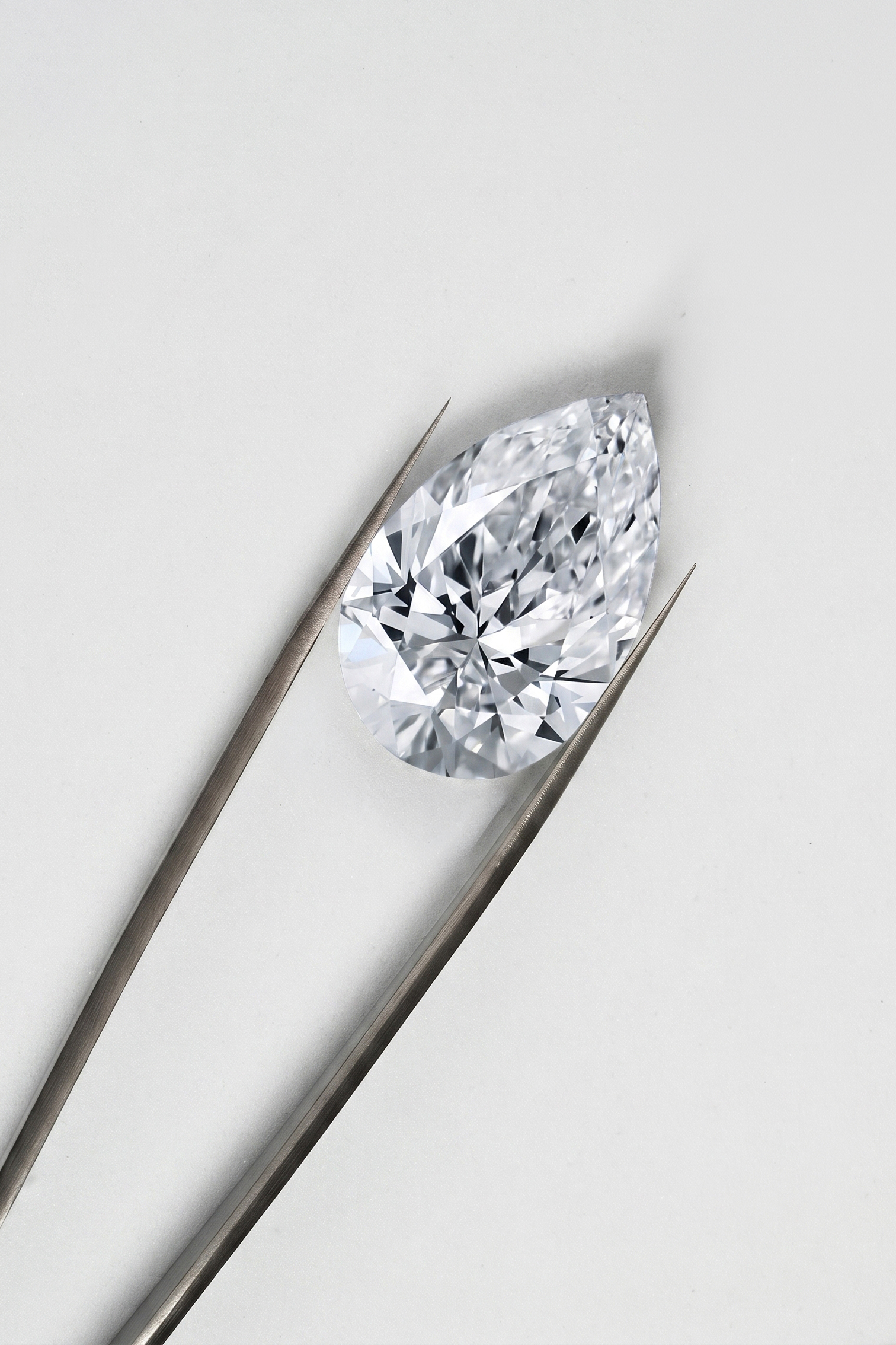 un diamante a forma di goccia viene esaminato con una speciale pinza per osservare taglio, colore e brillantezza