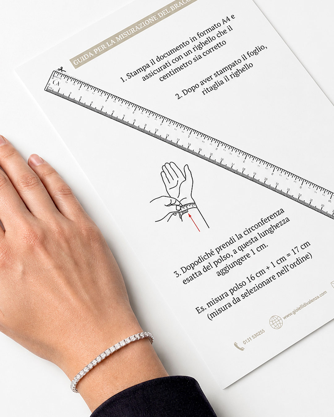 Guida stampabile per misurare il polso e scegliere la misura del bracciale tennis con righello da ritagliare